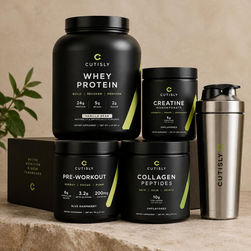 Ultimate Cutisly Stack bundle — whey protein, creatine, pre-workout, collagen peptides, and shaker bottle